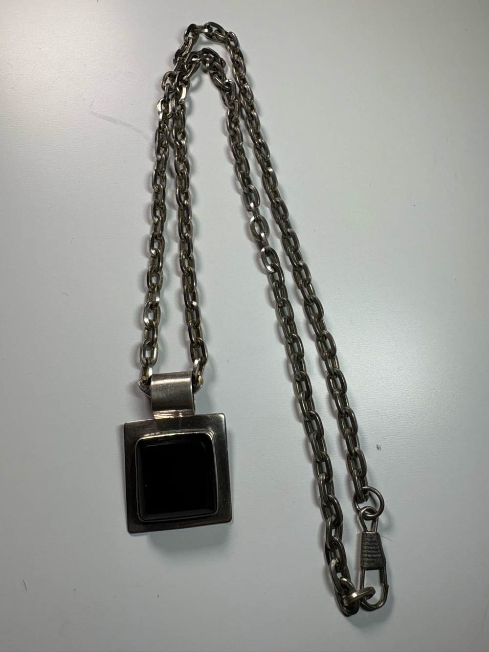 Vintage Silver Black Square Onyx Pendant Necklace - Men's Accessory